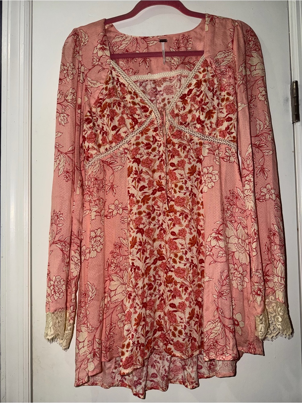 Free People Rose Pink Floral Lace-Trim Boho Tunic